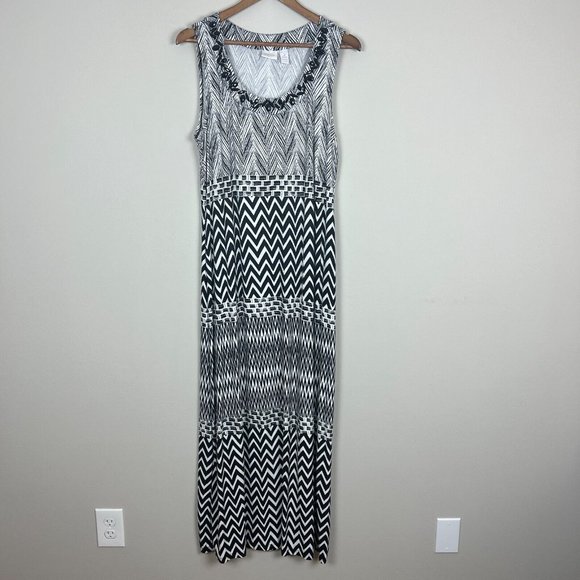 Chicos 2 Maxi Dress Womens Large Black White‎ Geometric Embellished Neckline - Picture 1 of 9